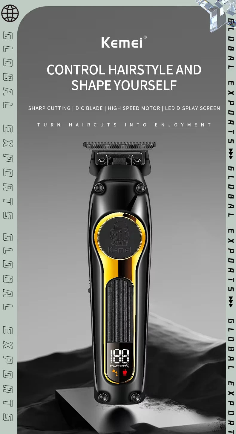 A black Kemel electric hair clipper is shown vertically against a gray background.