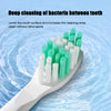 A white toothbrush with multiple green and white replacement brush heads is shown on a light blue background.