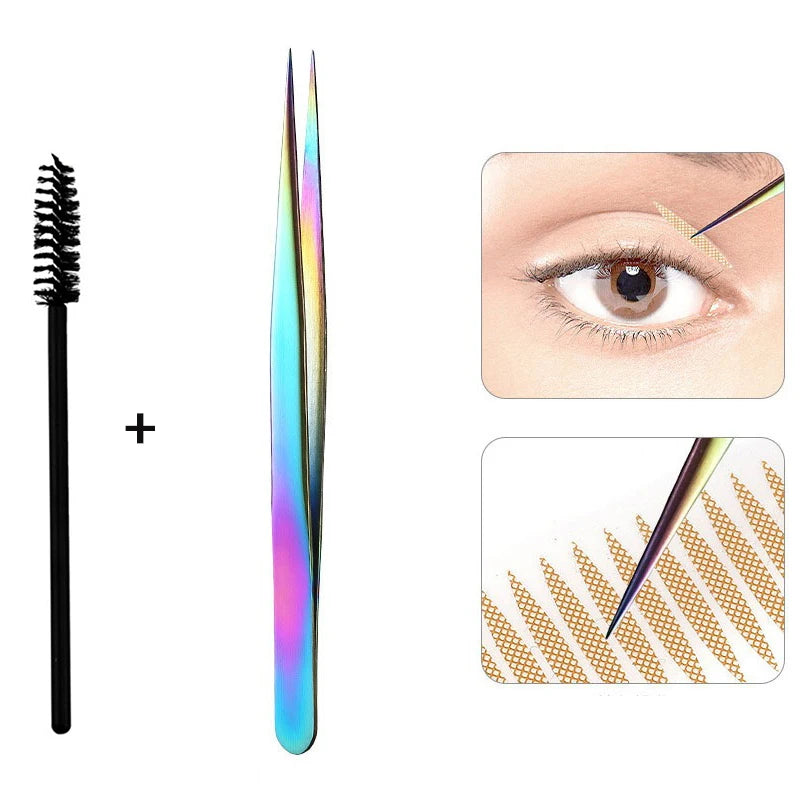 Set of precision stainless steel eyelash tweezers including a single pair and a brush