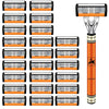 A set of orange and black multi-blade safety razors with silver handles.