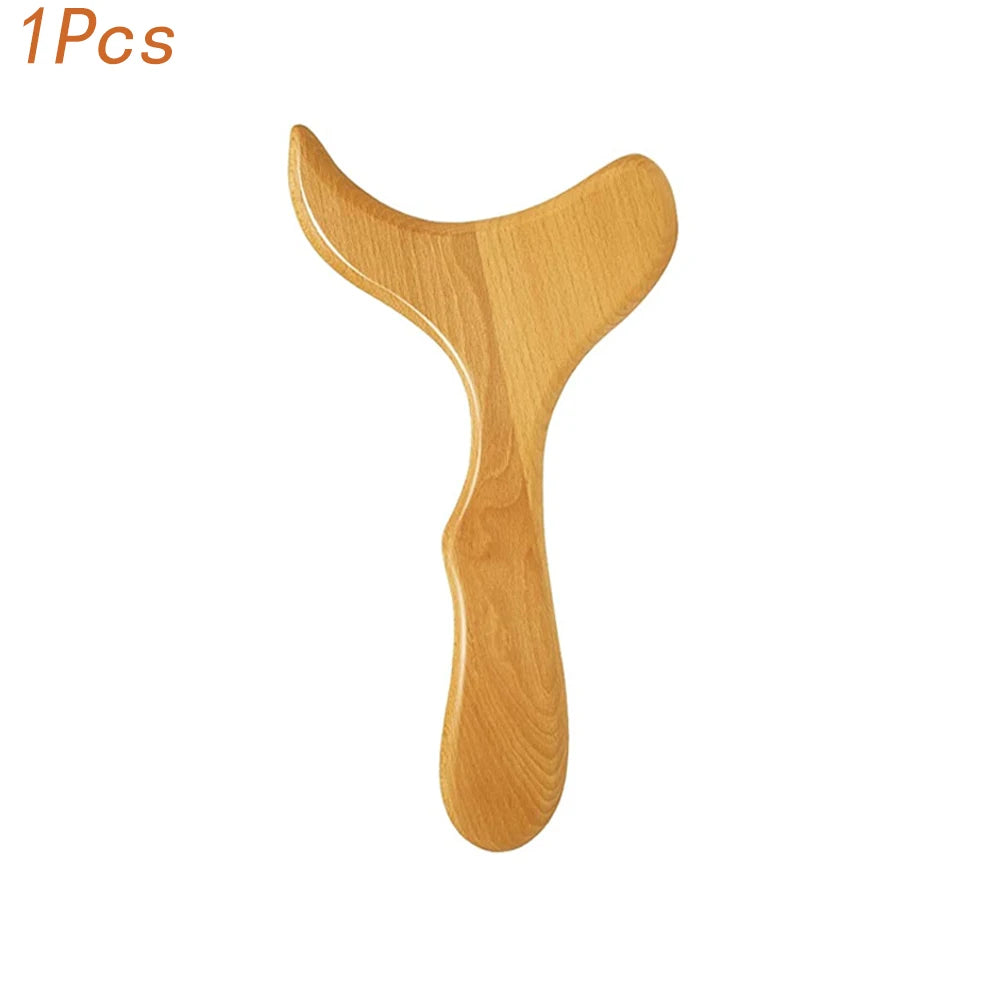 A natural wood gua sha roller shaped like a heart for detox and slimming.