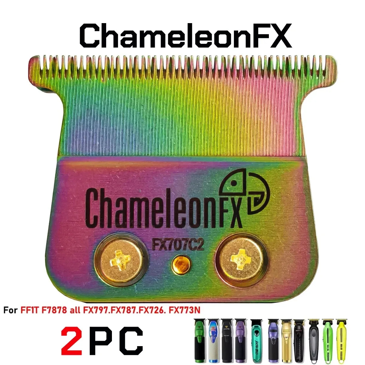 A professional replaceable blade for trimmers and clippers, featuring a multicolored, textured metal blade and a plastic body
