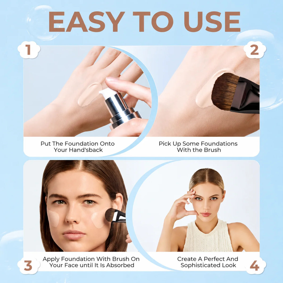 A four-step guide showing how to use a 7-piece professional makeup brush set for applying foundation and creating a sophistic