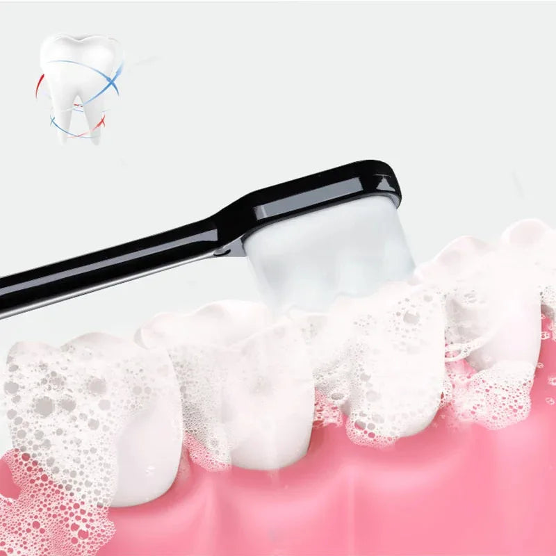 A white toothbrush is shown next to a pink surface covered in white foam, demonstrating deep cleaning.
