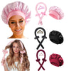 A set of heatless curling rod headbands and a satin bonnet in pink, black, and red.