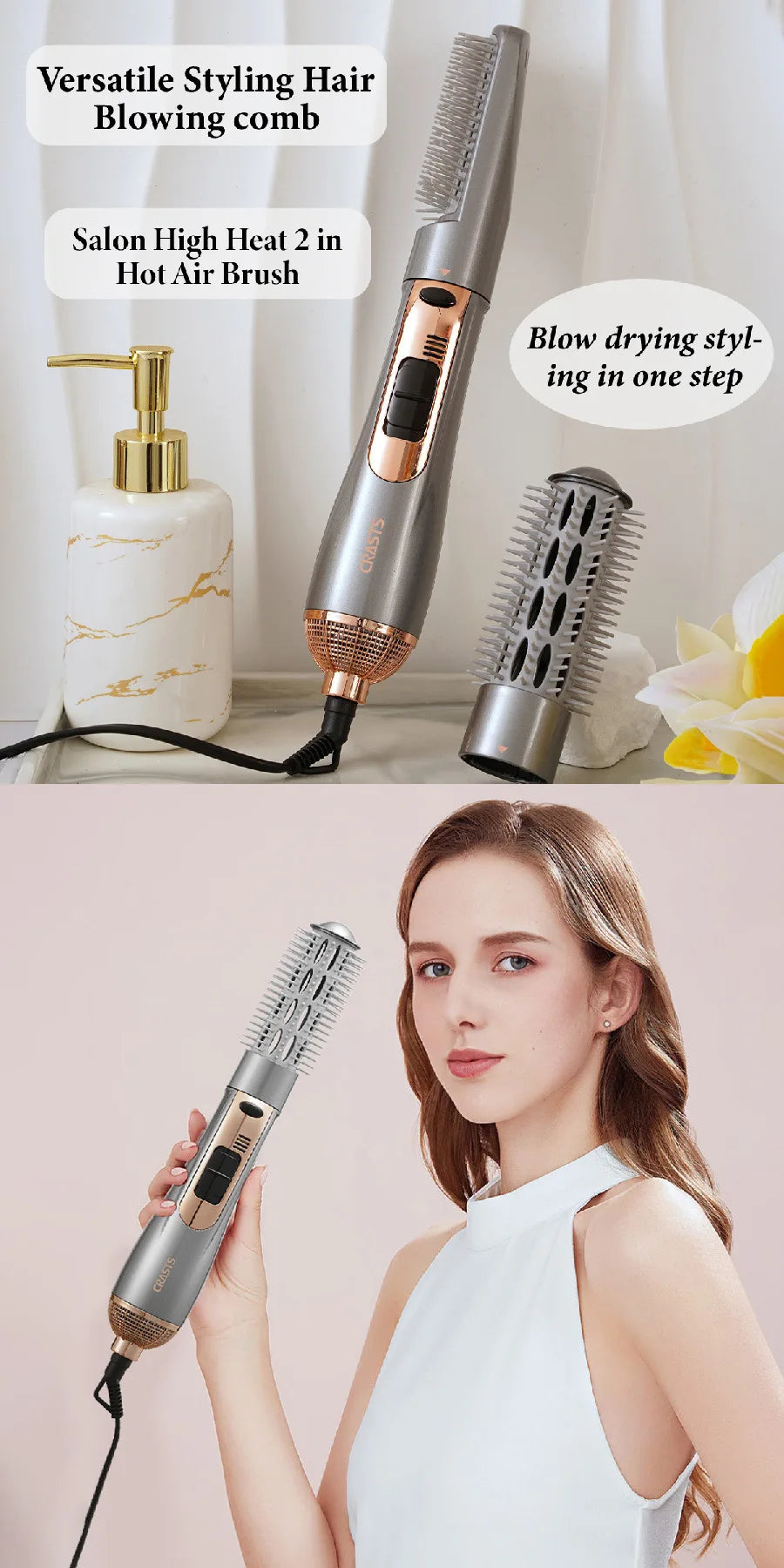 A woman is using a versatile styling hair blow-drying comb for hair styling.