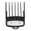 A black precision hair clipper guide comb set with multiple teeth and a silver base.