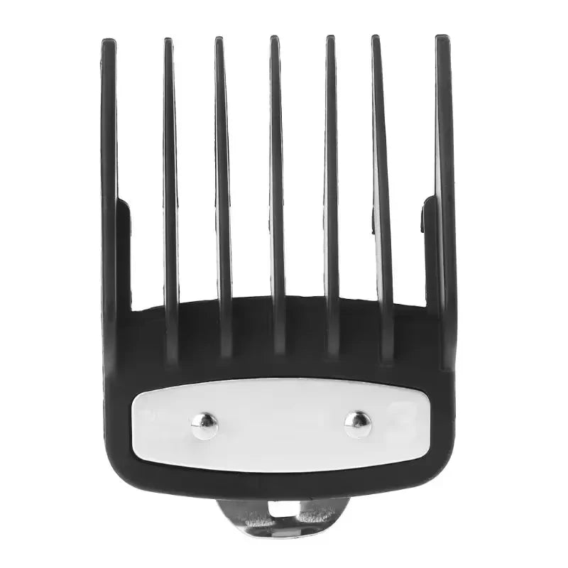 A black precision hair clipper guide comb set with multiple teeth and a silver base.