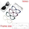 A collection of various colored and style eyeglasses frames shown with measurements.