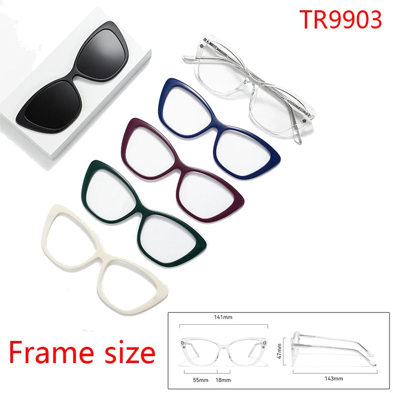 A collection of various colored and style eyeglasses frames shown with measurements.
