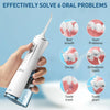 A hand holds a white portable water flosser device, demonstrating its use for oral health problems.