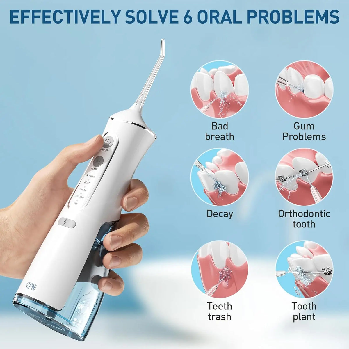 A hand holds a white portable water flosser device, demonstrating its use for oral health problems.