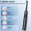 A black electric rotary toothbrush with a handle and brush head, shown next to cleaning mode options.