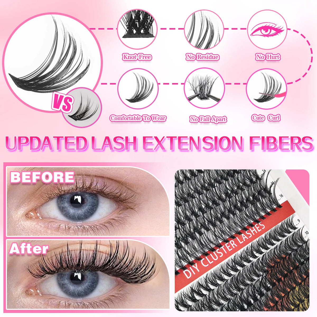 Before and after comparison of lash extension fibers for a DIY cluster lash kit