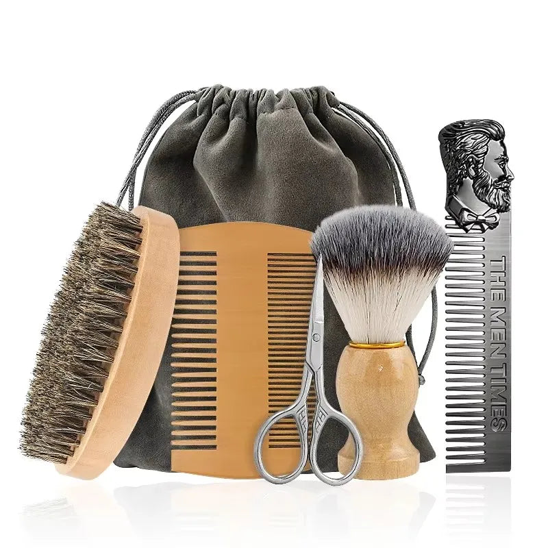 A set of boar bristle beard brush and comb with a gift bag displayed on a white surface.
