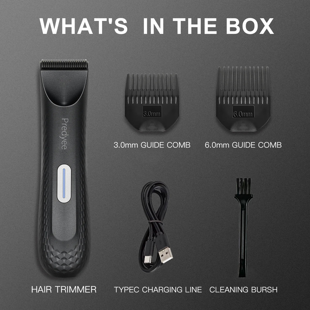 A box contents display showing a hair trimmer, a 3.0mm guide comb, a 6.0mm guide comb, a typing line, and a cleaning brush.