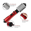 A red hot air brush with a comb attachment shown in various angles demonstrating its features.