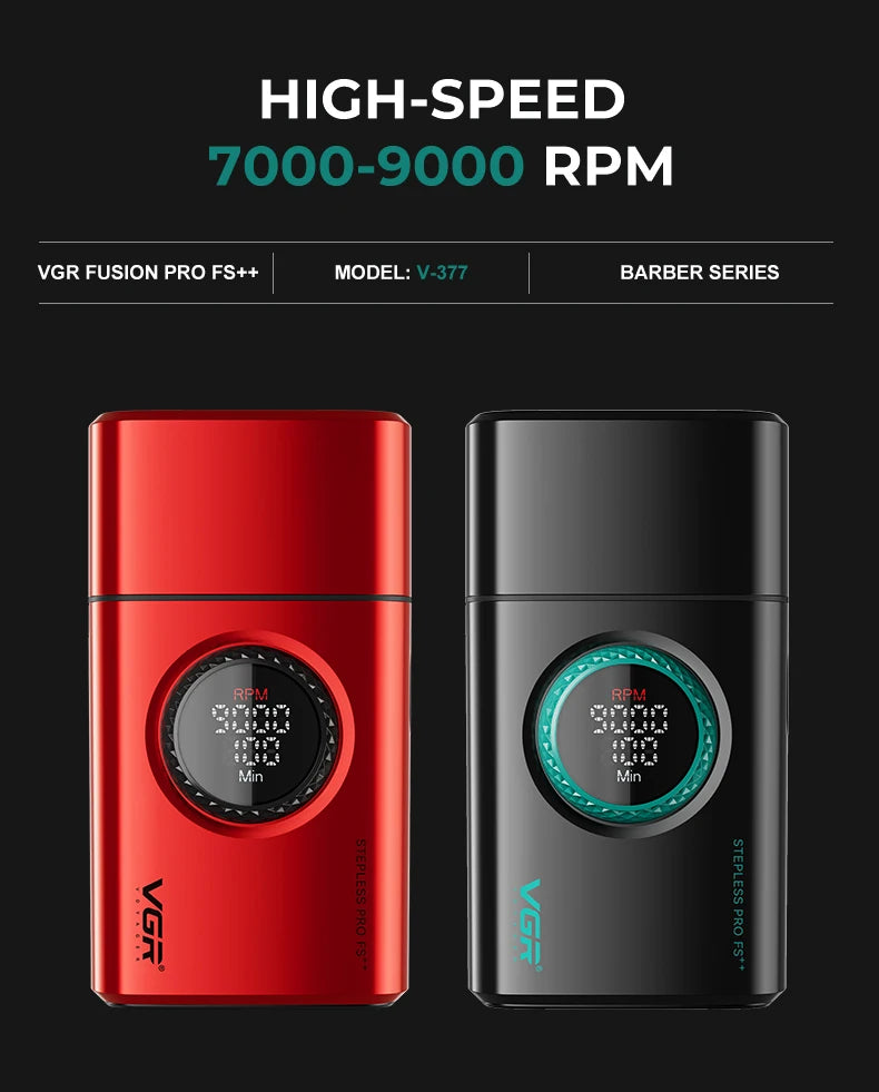 Two VGR Fusion Pro FS++ electric foil shavers, one red and one black, shown against a dark background.