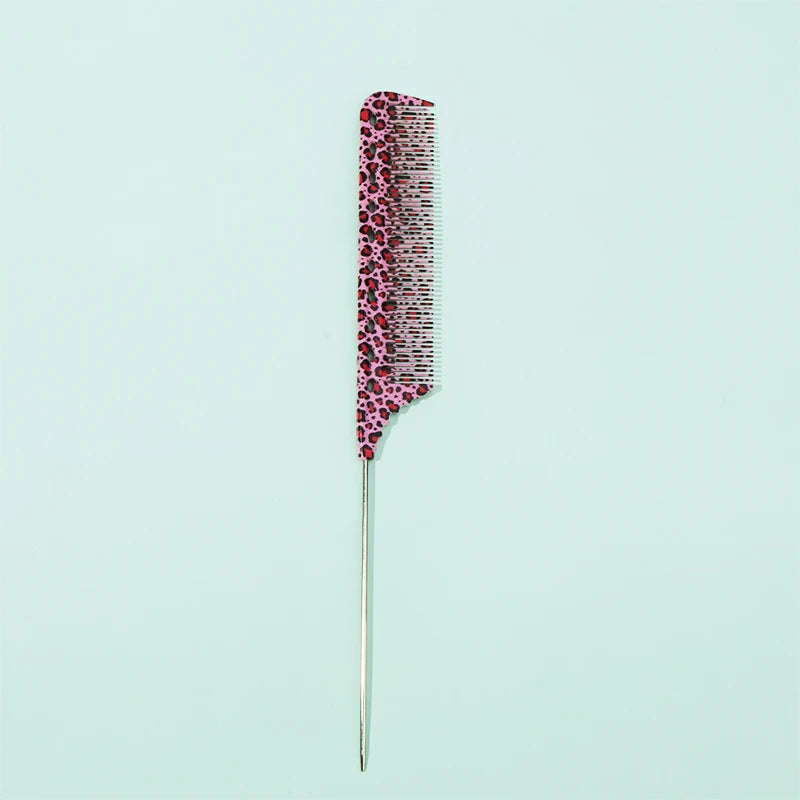 A pink and black anti-static rat tail comb with fine teeth on a silver handle.