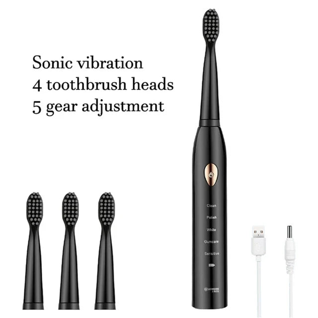 A black ultrasonic electric toothbrush with a detachable head and a charging cable.