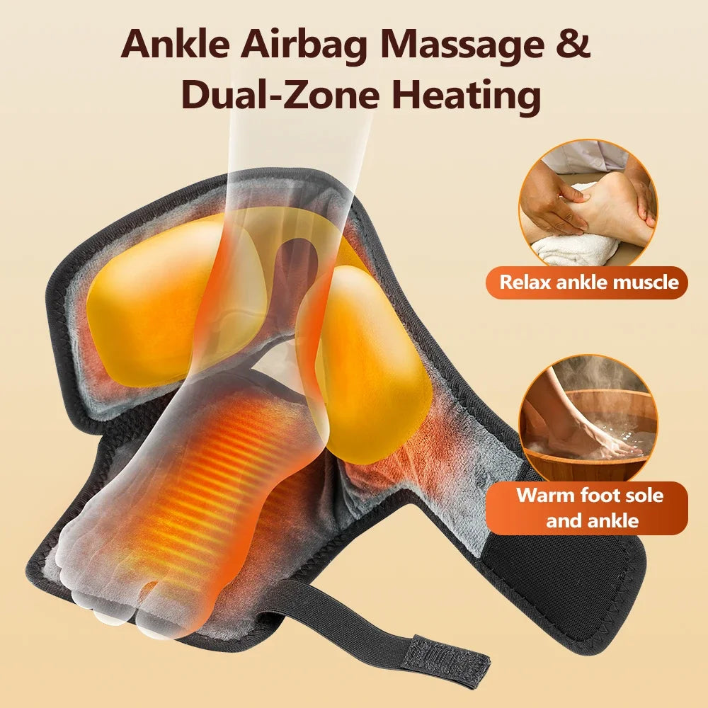 An ankle airbag massage and dual-zone heating device being used on a foot.