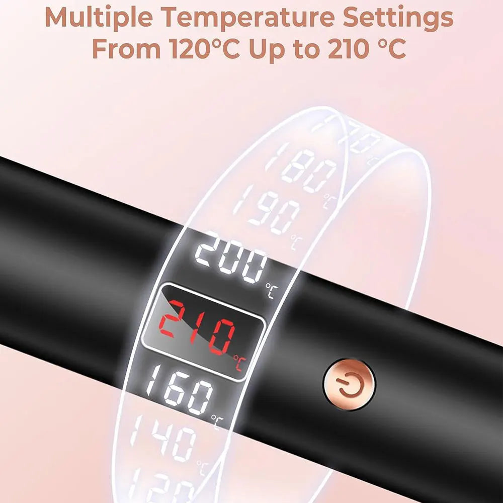 Close-up of a black ceramic heated curling iron displaying a temperature setting of 210 degrees Celsius.