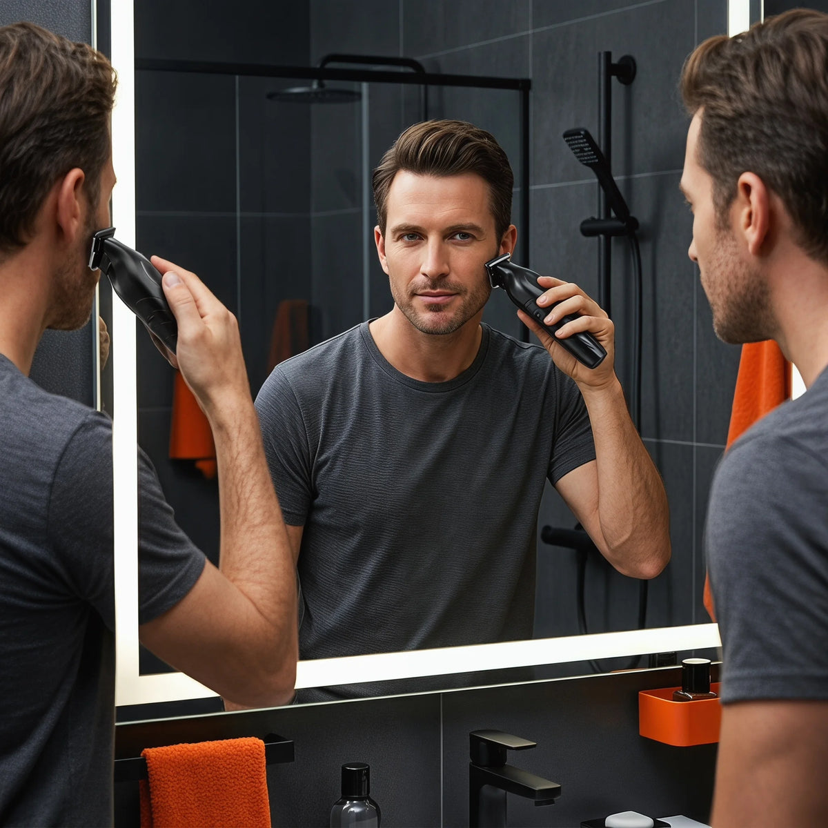 Drei Männer verwenden ein professionelles kabelloses Haartrimmer-Set vor einem Badezimmerspiegel.