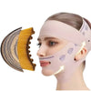 A person wearing a pink lymphatic sculpting bandage and massage brush set for facial contouring.