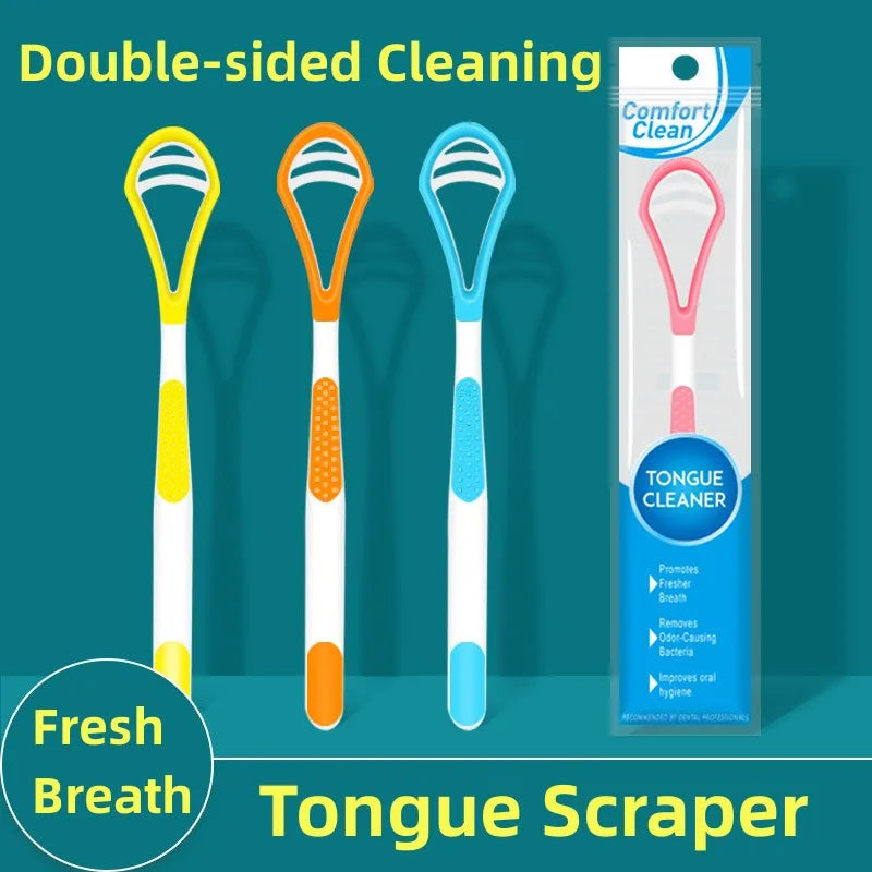 Trois racloirs en silicone pour la langue jaunes, oranges et bleus, promotionnant le nettoyage double face pour une haleine f