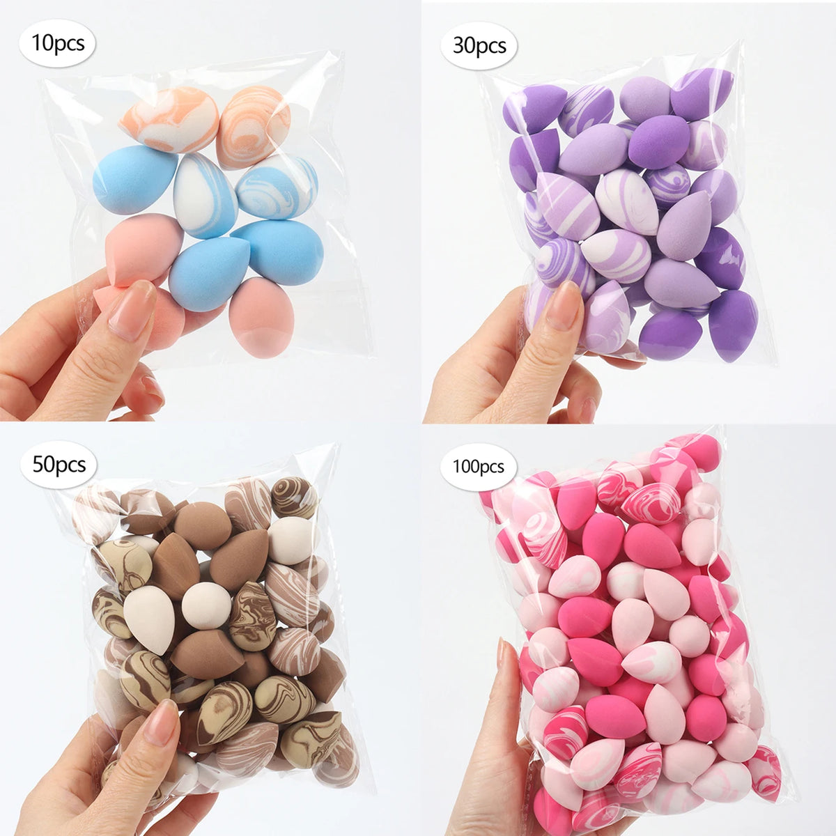 Various colors of reusable expandable makeup sponges packaged in clear plastic bags