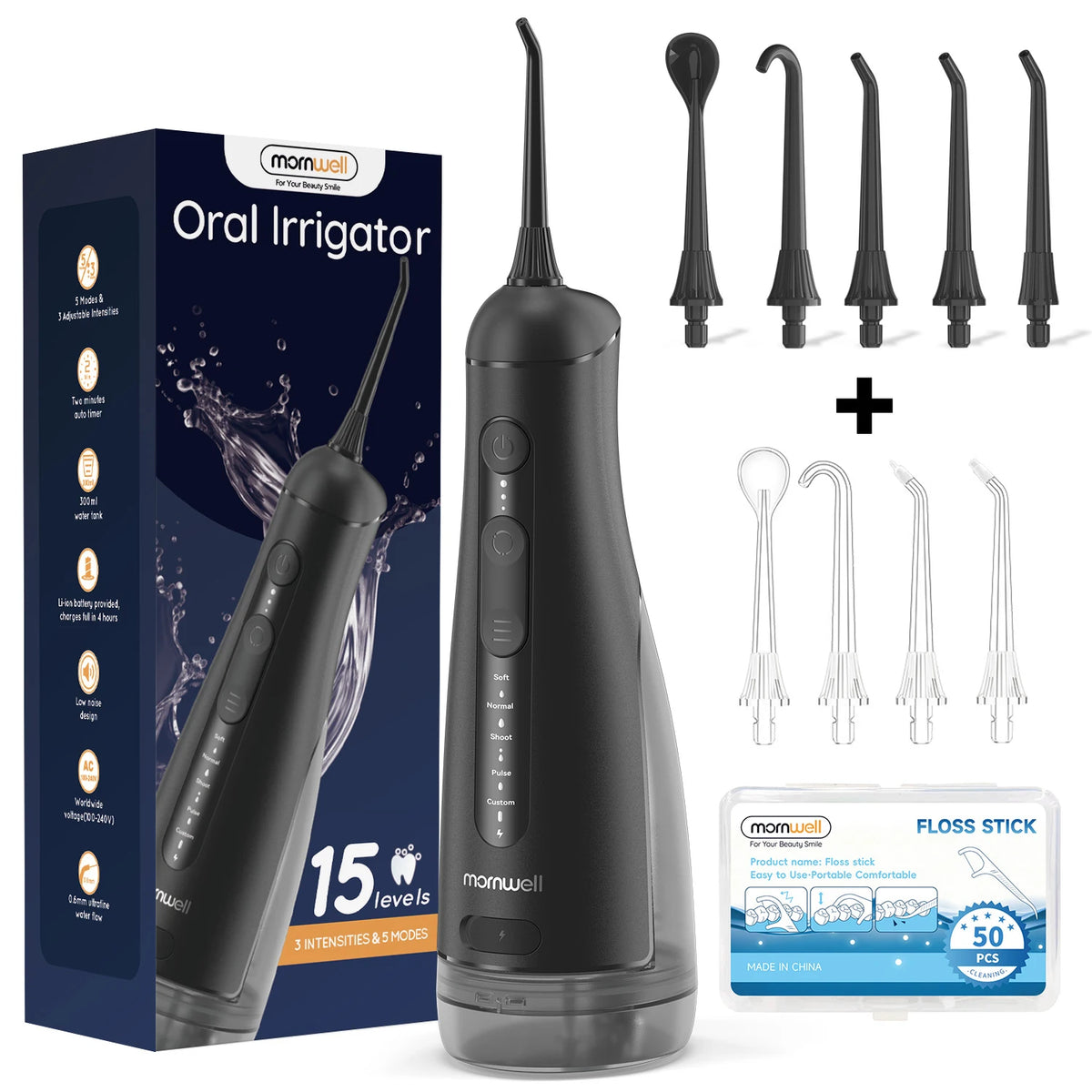 A black oral irrigator device shown with various tips and accessories in a box.