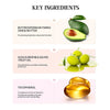 Ingredients shown include butter, olive oil, and tocopherol alongside fresh avocado and lemon fruit.