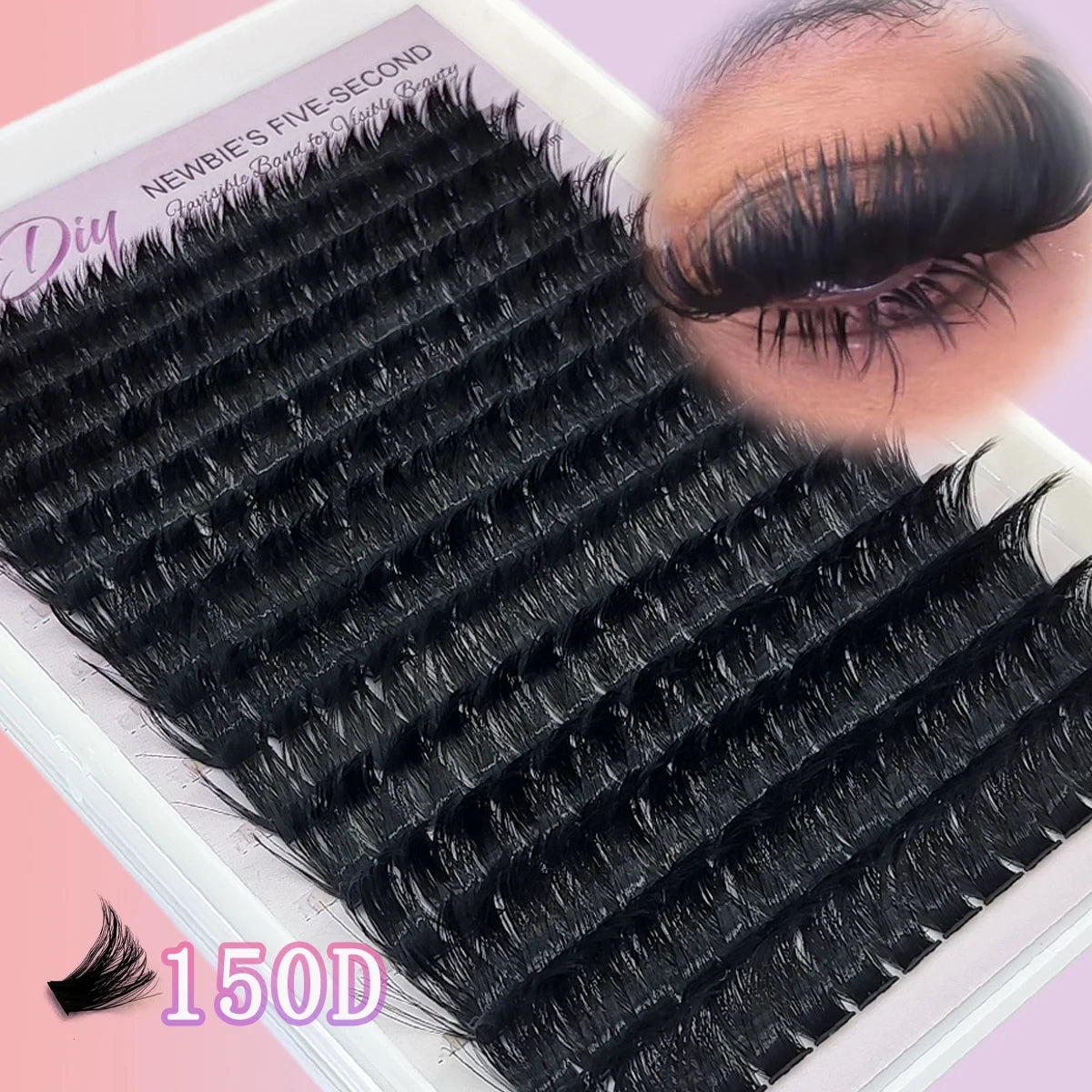 A close-up of black mink eyelash extensions being applied to an eye, showing the texture and length.