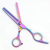 A pair of professional 6-inch stainless steel hairdressing scissors with iridescent pink and purple blades.