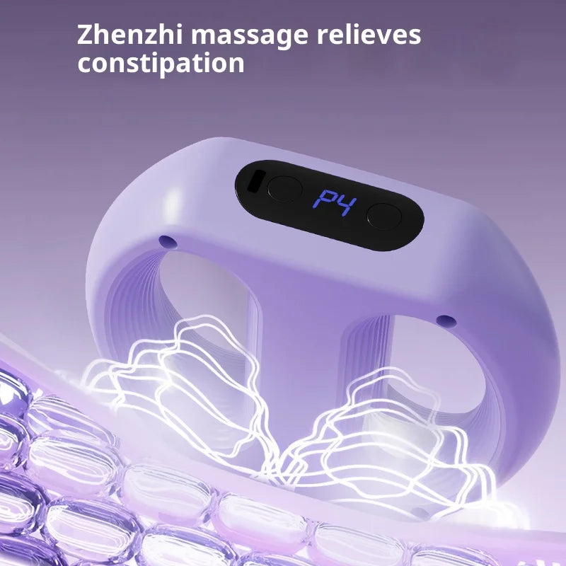 A purple electric massage ring is shown with glowing lines indicating muscle relief on a textured surface.