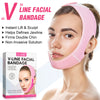 A woman is wearing a pink V-line facial bandage for lifting and sculpting treatment.