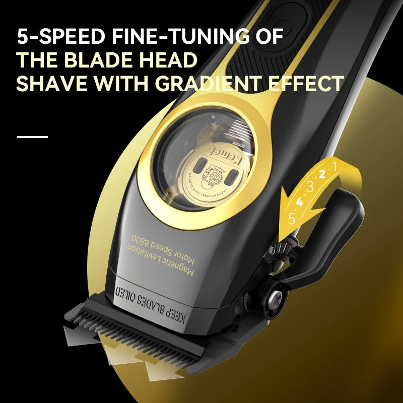 Nahaufnahme eines schwarzen Haartrimmers mit goldener Akzent, der Klingenkopf und einen 5-stufigen Einstellmechanismus zeigt.