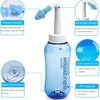 A clear nasal irrigation bottle with a double nozzle and angle design for sinus relief.