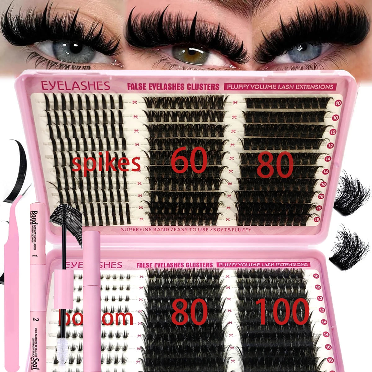 A pink DIY lash extension kit showing false eyelashes clusters and fluffy volume lash extensions