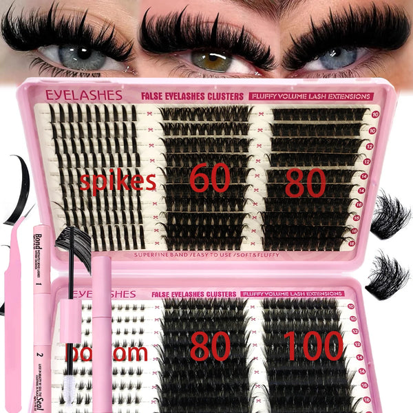 A pink DIY lash extension kit showing false eyelashes clusters and fluffy volume lash extensions