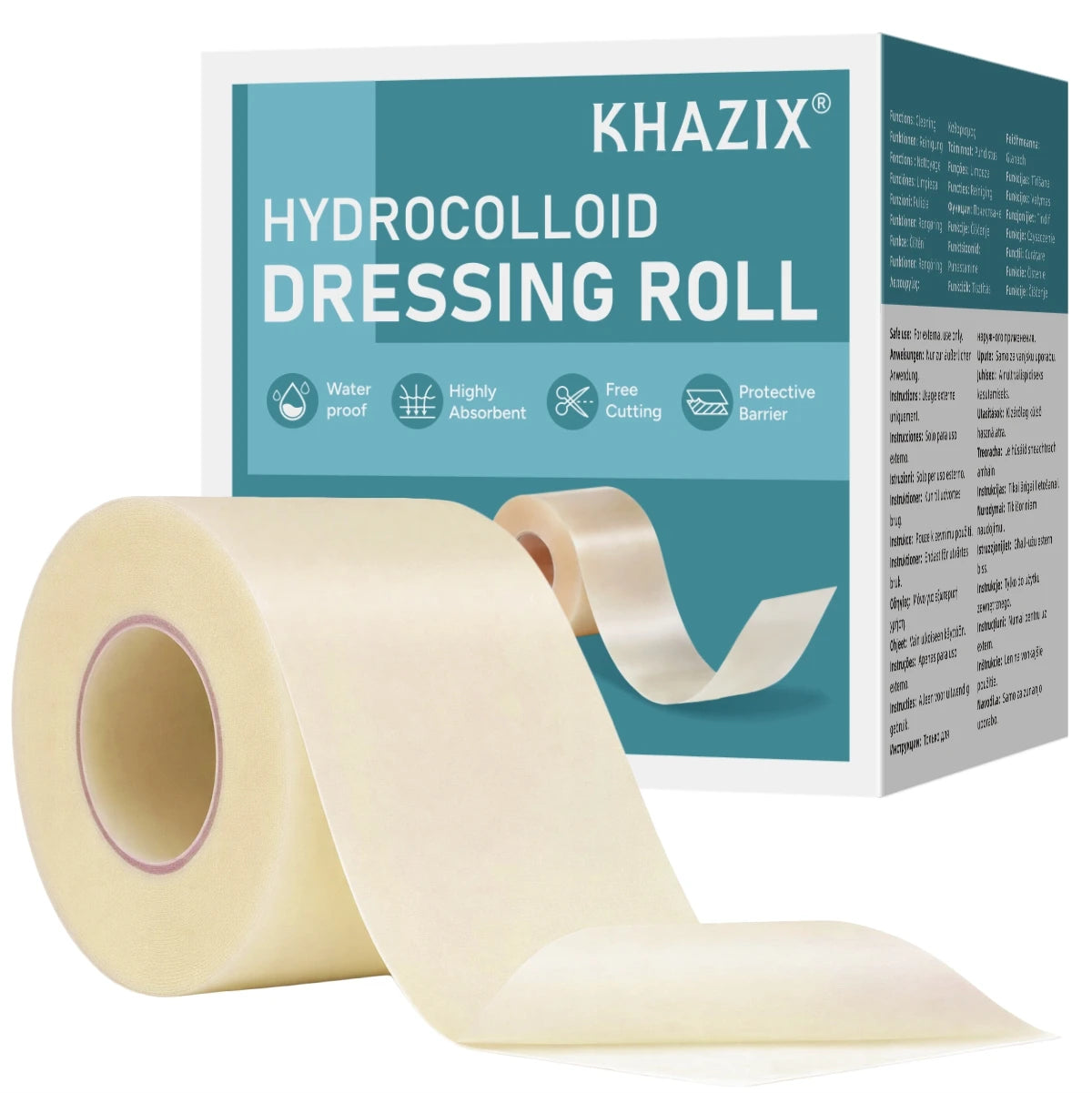 Roll of Khazix Hydrocolloid Dressing for acne treatment shown next to its packaging box
