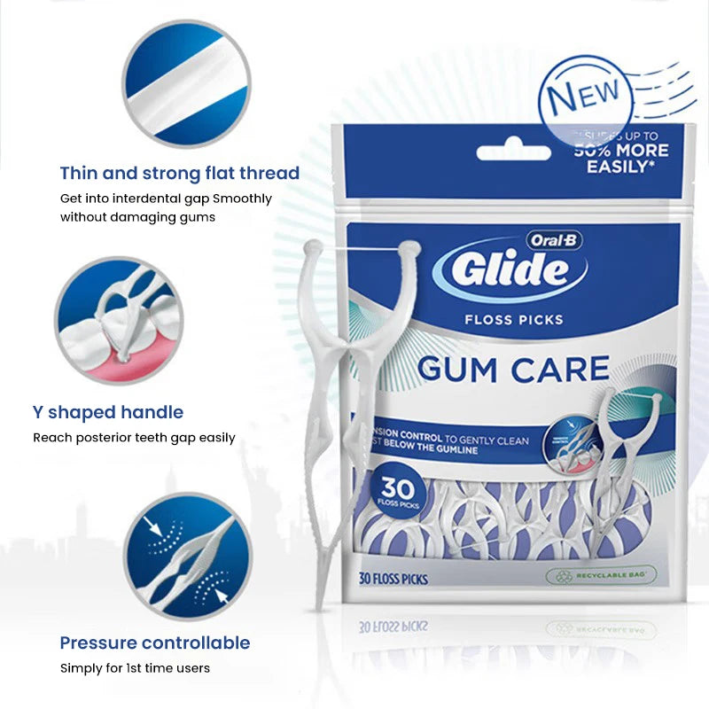 Packaged Oral-B Glide floss picks for gum care showing the Y-shaped handle and pressure controllable design