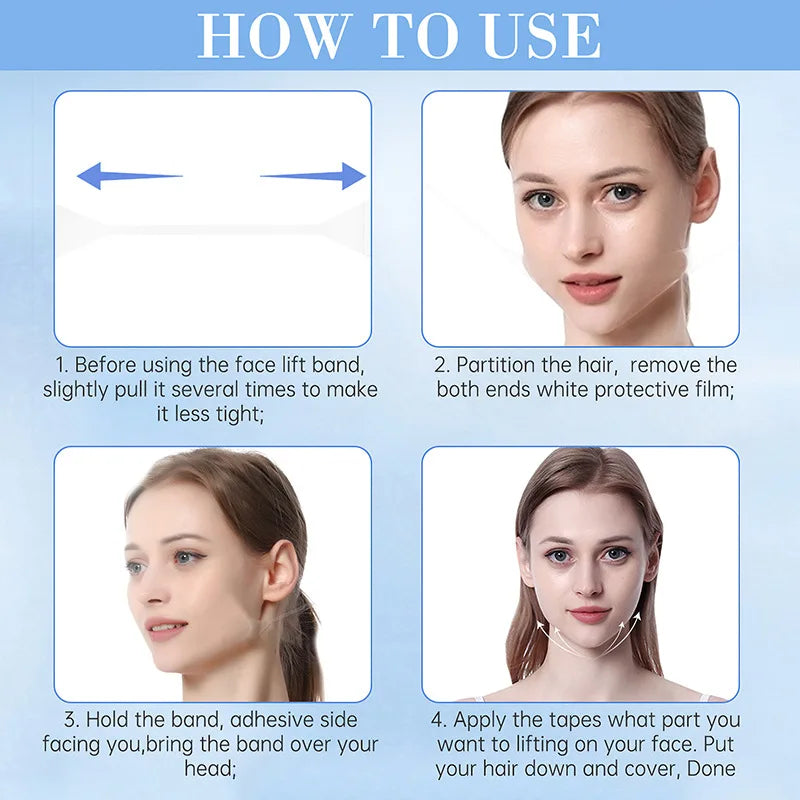 Instructions showing how to use an invisible facial lifting tape for contouring on the face and hair