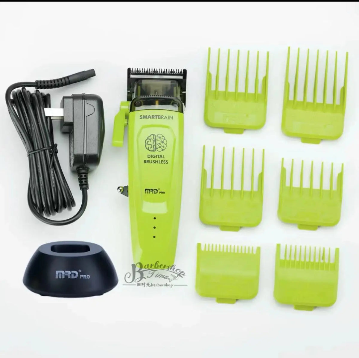 A set of green digital brushless hair trimmer attachments and a handheld grooming device.