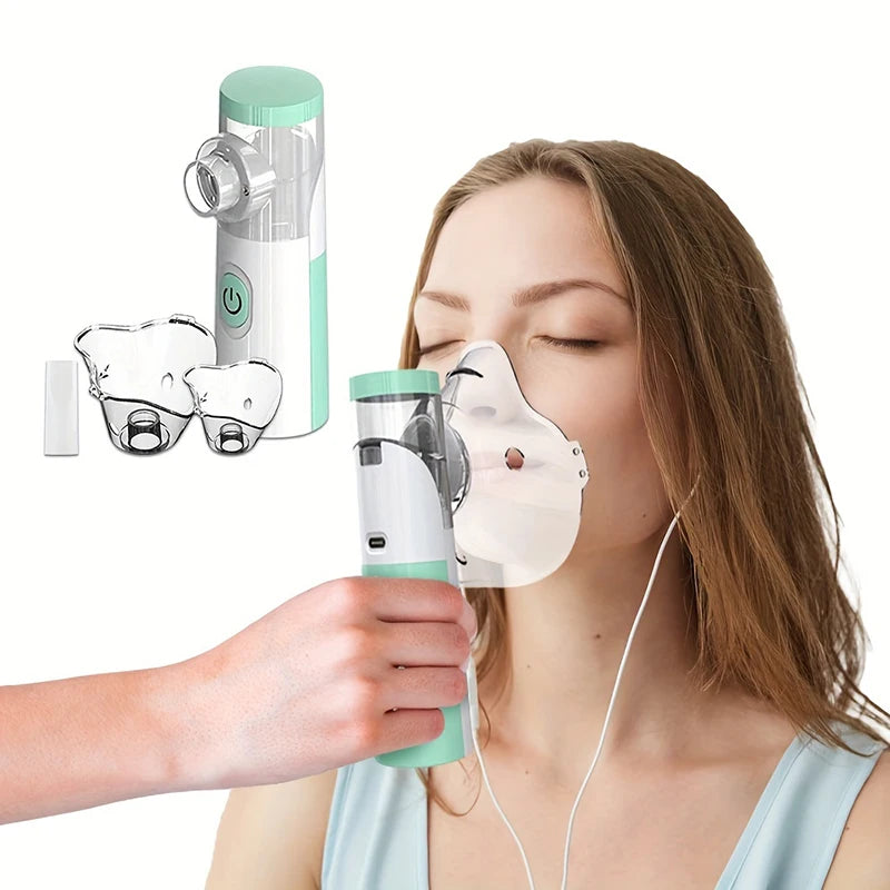 A woman is using a portable mesh inhale nebulizer device to inhale mist into her nose.