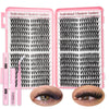 A set of individual clusters lashes for eyelash extensions shown alongside adhesive and tweezers.