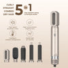 A silver hair dryer featuring five interchangeable styling brush attachments.