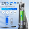 A silver electric oral irrigator device is shown with various battery life claims and charging options.