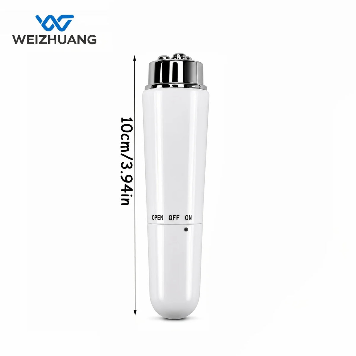 A white multi-function facial and eye massager with a silver cap shown vertically.