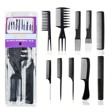 A set of professional hair cutting and styling combs in black plastic.